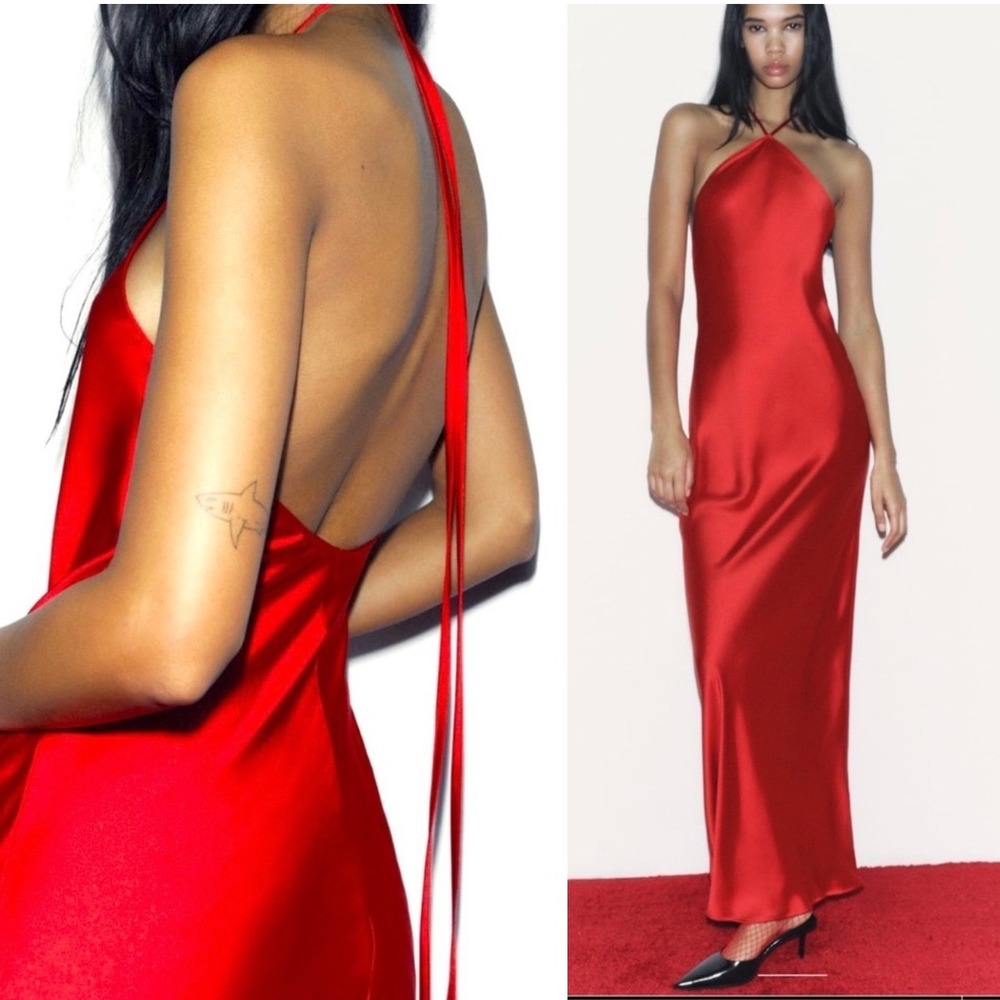 Zara Red Satin Halter Neck Maxi Dress Open Back Formal Evening 3152/276 S NWT
